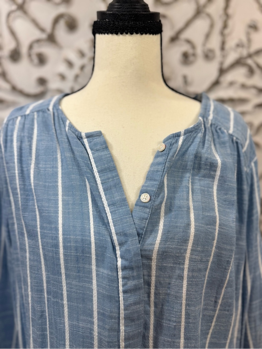 Nine West Jeans XL Blue White Stripe Tunic Blouse Split Neck 3/4 Sleeve Coastal - Picture 4 of 10
